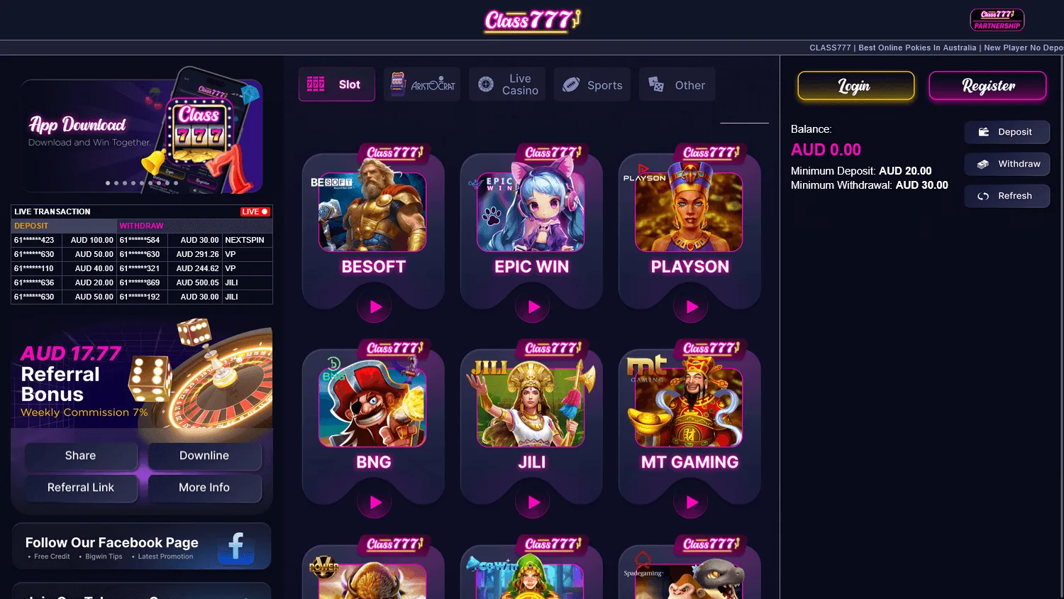 Class 777 Casino desktop home interface with casino account and entertainment options